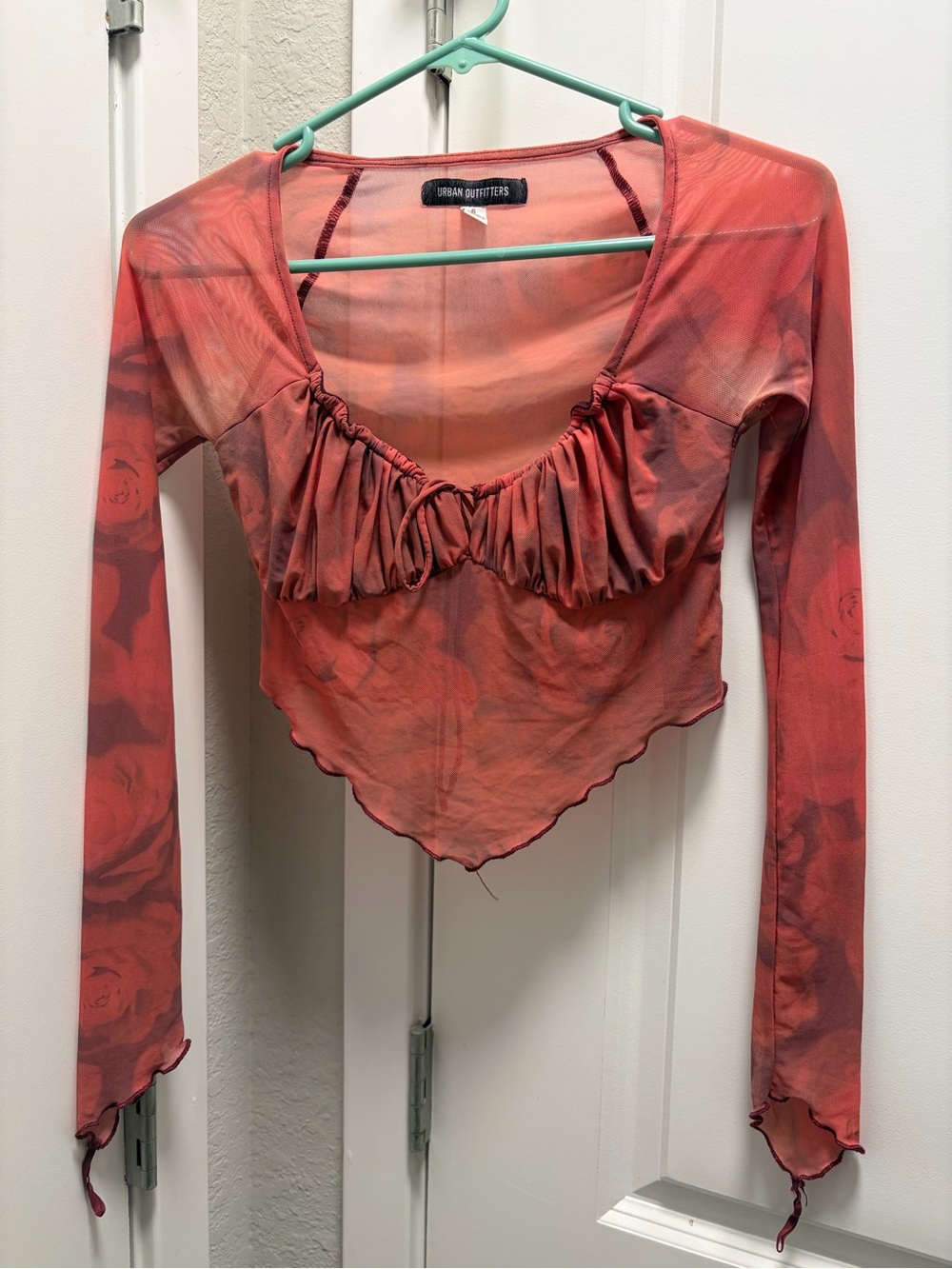 Urban Outfitters Coral Red Floral Ruched Crop Top with Thumb/ Wrist Rings